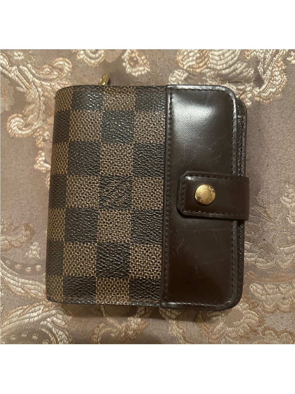 Louis Vuitton Brown Damier Canvas Compact Wallet with Dark Brown Leather Trim